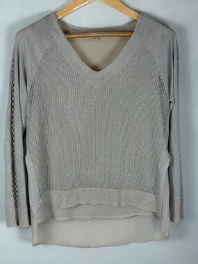 Lucky Brand Shimmer Knit Layered Top Lagenlook V Neck Sheer Metallic Size M